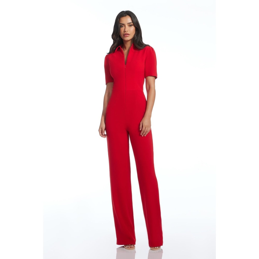 NWT Dress The Population Gloria Jumpsuit‎ Rouge Red Wide Leg Puff Sleeve Small